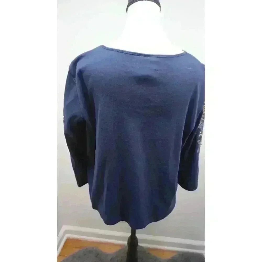 Alfred Dunner Petites Embroidered Bell Sleeves Knit Top - PM Size, Navy Blue - Picture 9 of 14